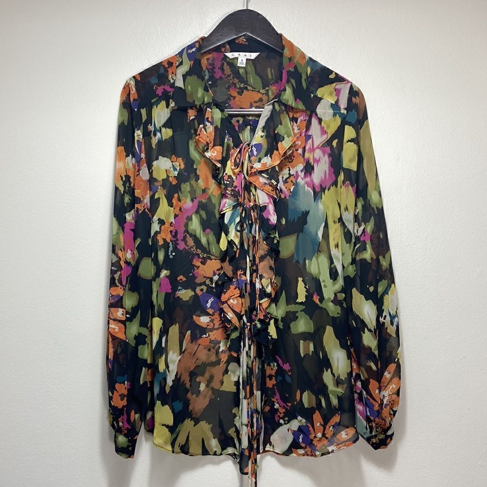 CAbi Cascading Ruffles Tie front Blouse Size S - Picture 3 of 9